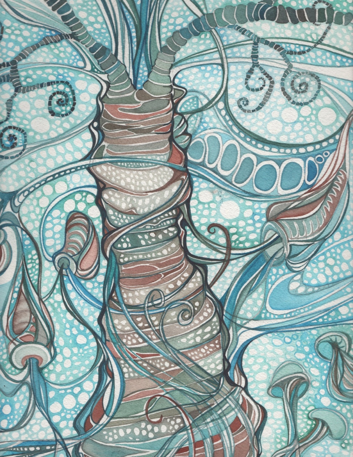 AQUATIC 8.5 x 11 print of detailed watercolour in whimsical blue aqua turquoise olive green orange earth tones, indonesia, organic