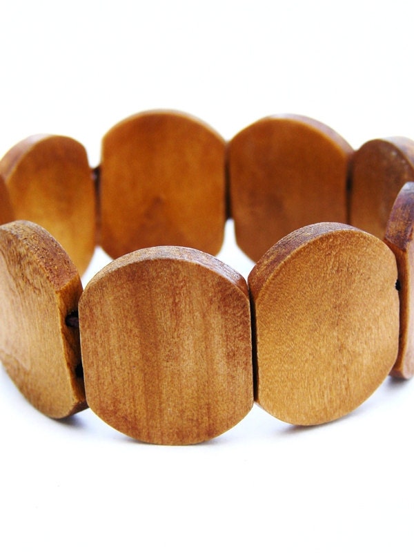 Honey Colored Wood (Wooden) Stretch Bracelet - Textured Woodgrain and Beautiful Jewelry - FREE SHIPPING - Tribal, Hippie, Mod