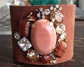 Cuff bracelet distressed cognac sueded leather with topaz & bronze Swarovski crystals and rhinestones from Le Trend Bijoux