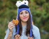 Cookie Monster, Unisex, Cartoon Crochet Hat with Braids and Cookies at the end. The basis in Han- Blue and White Pom Poms for the eyes.