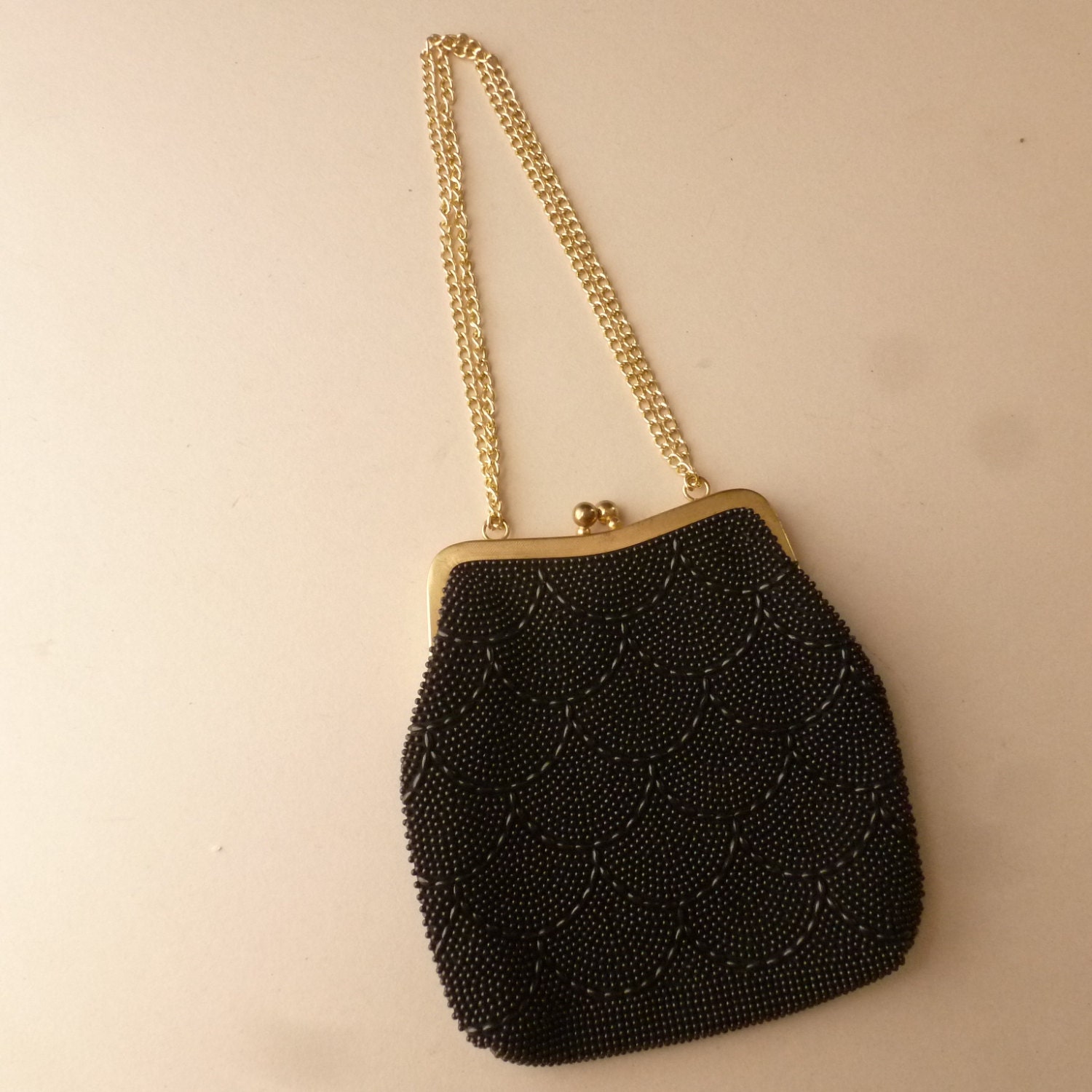 80's Does 20's Black Beaded Bag - Vintage 1980's Evening Bag - Black Beaded Handbag