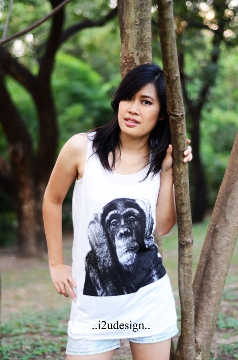 The Monkey  animal shirt ,Lady T-Shirt ,White T-Shirt , lady T-Shirt , Women T-Shirt , ,Bone T Shirts.t shirt Size M