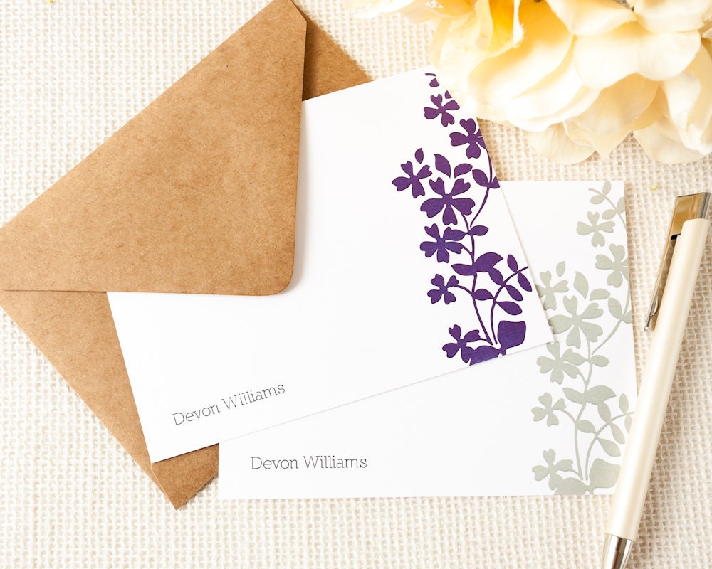 Personalized Notecard Set - Flower Vine - Set of 12 Flat Personalized Stationery / Stationary Cards - Choose your color