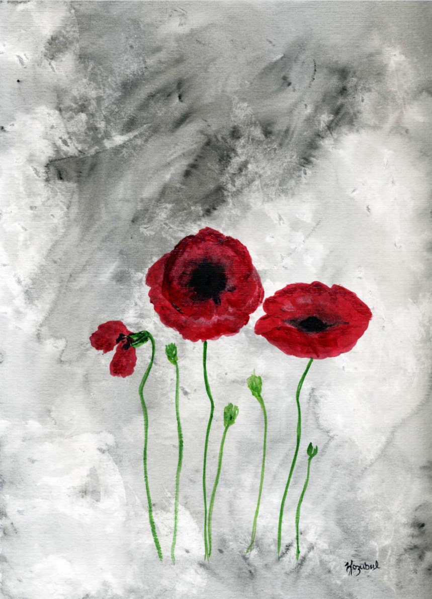 Original Watercolor Red Poppies Poppy Flowers Flower Painting Black White Green Abstract Surreal Dark Home Decor Art 9x12 Paper Spring