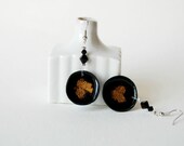 Leather earrings - Crystal resin - Black with bronze powder