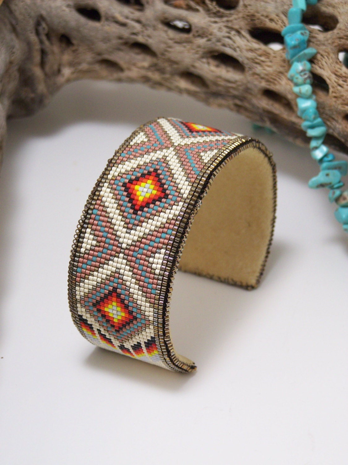Native American Beaded Cuff Bracelet In Matt Silver, Turquoise, Copper, Tarnished Silver & Fire Colors Of The Southwest by LJ Greywolf