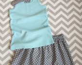 Gray Aqua Dot Girls Skirt & Matching Bow Tank 2 Pc Outfit - 6m, 12m, 18m, 2T, 3T, 4T, 5, 6, 7/8, 9/10