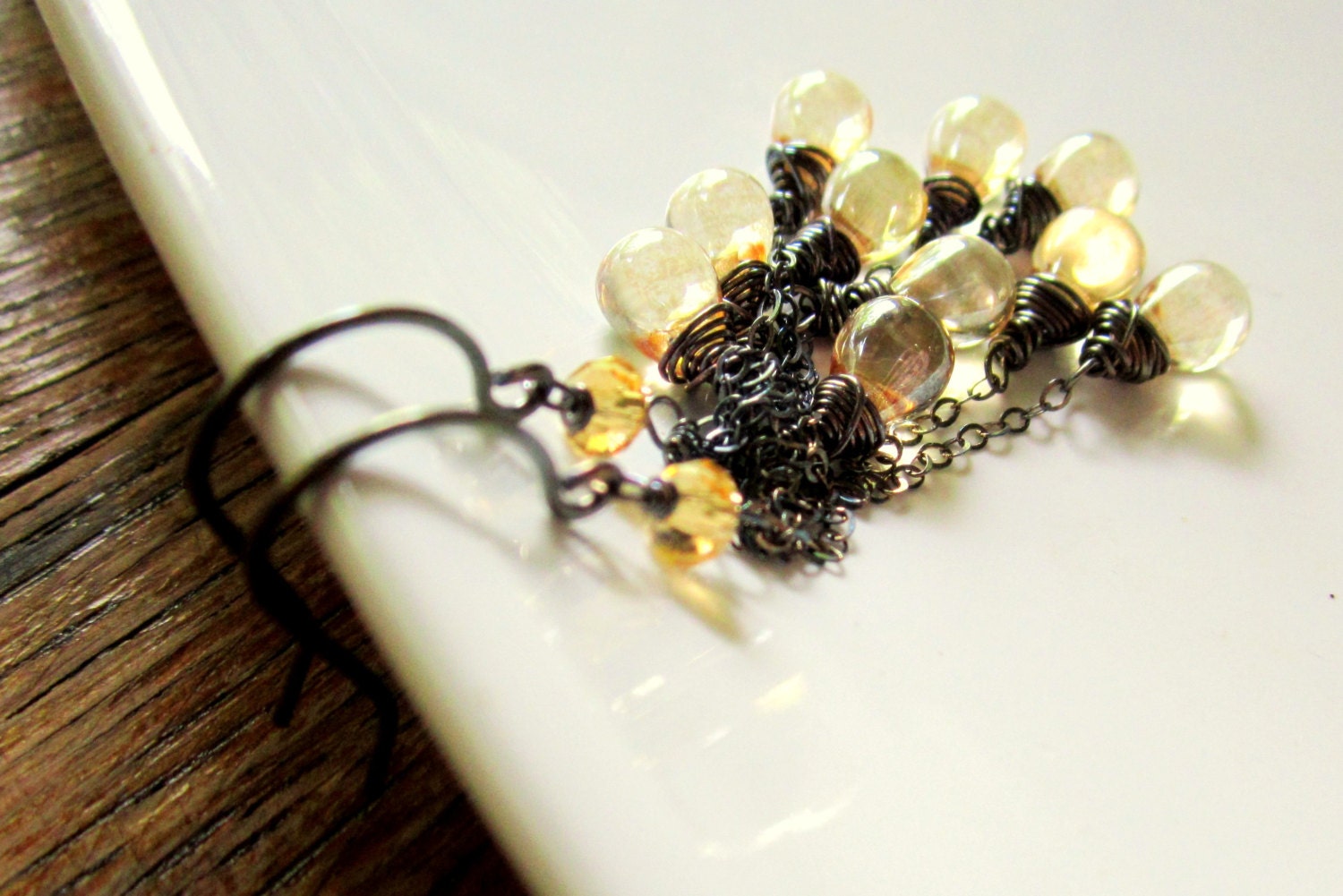 Champagne Silver Dangle Earrings Oxidized Black and Gold Chain Earrings Champagne Dangle Earrings