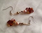 Metallic Spiral Topaz and Pink Autumn Earrings, Wire Wrapped Earrings, Glass Pearl Bead Earrings, Silver Brass Gold, Handmade Coil Design