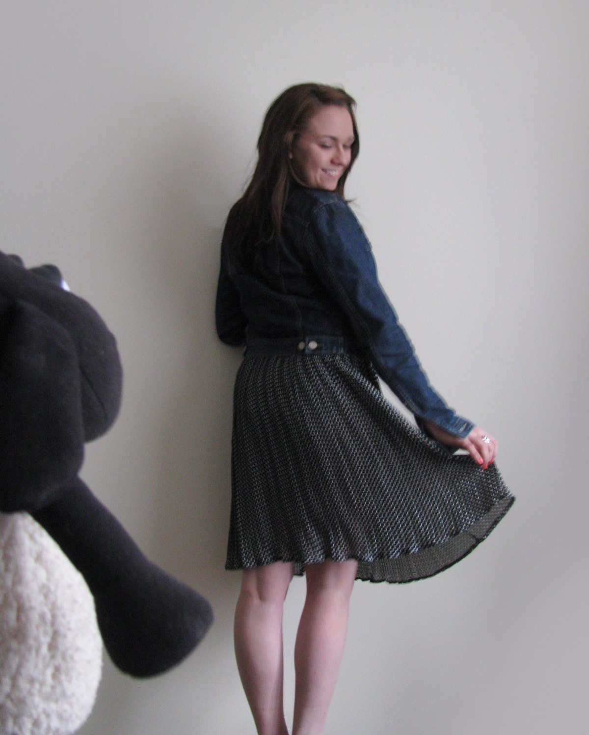Black and white polka dot skirt, accordion pleated skirt, 70s - plot