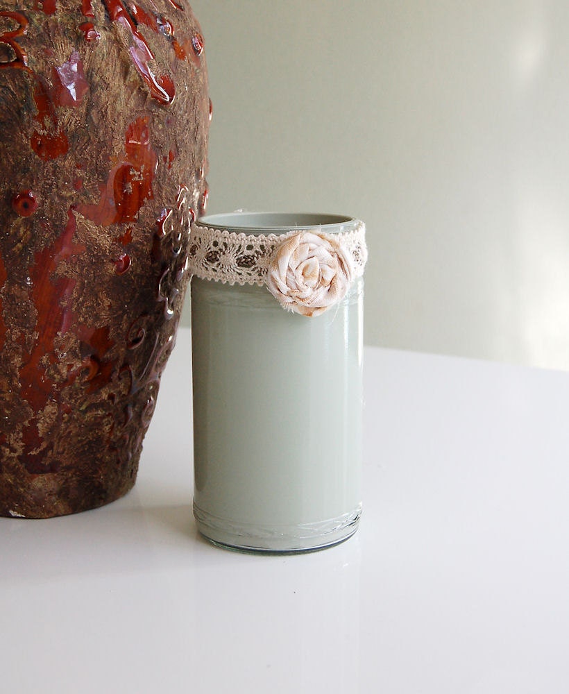 Painted Mason Jar Vase - Shabby Chic Home Decor - Beach Cottage Style - Sage Green with Rosette
