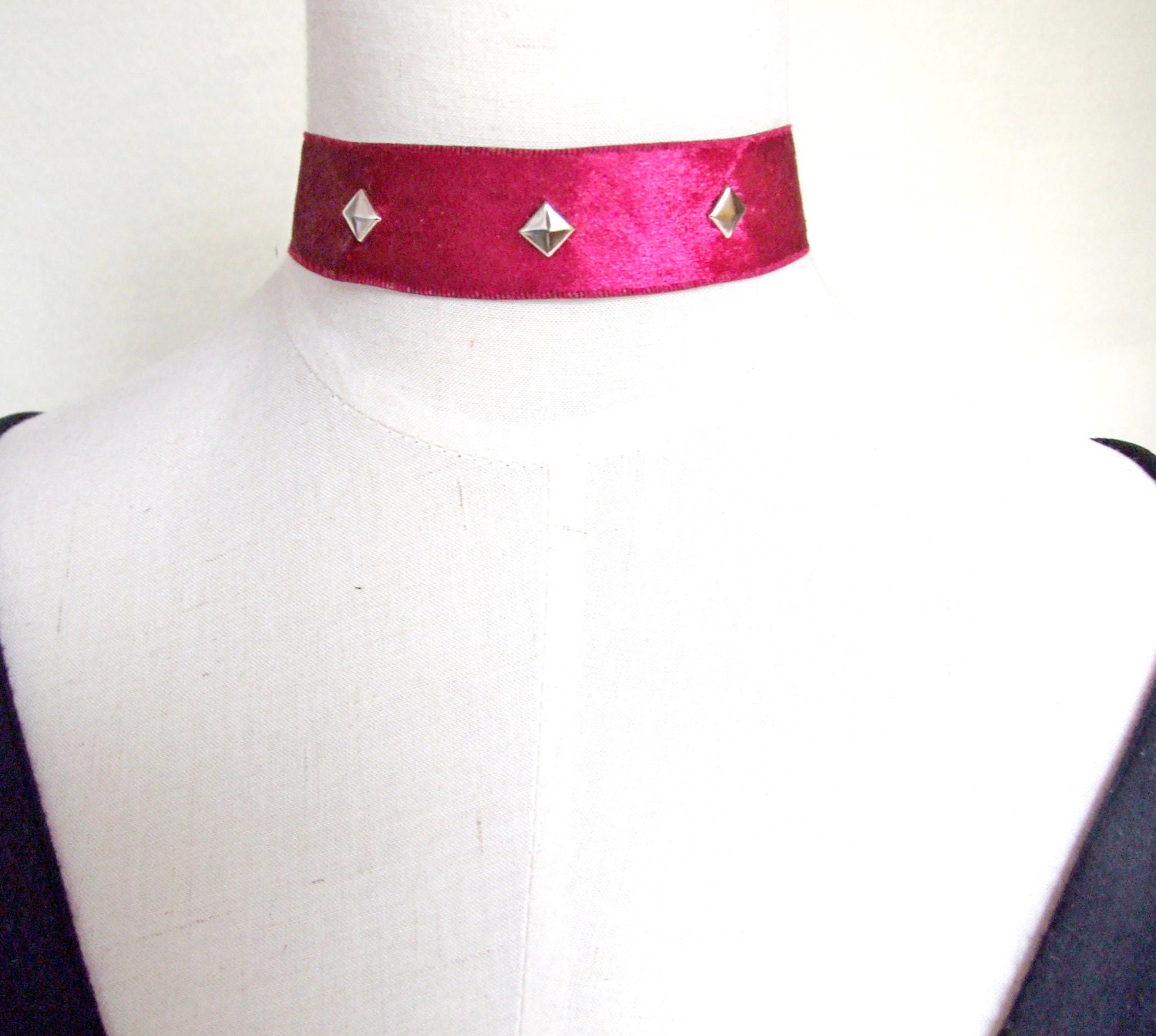 SALE hot pink wide ribbon choker necklace vintage vamp gothic beaded silver handcrafted Fabric jewelry woman wedding party