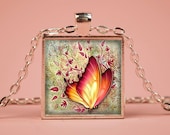 Red Butterfly and Leaves Pendant Necklace 1" Square Glass Jewelry Charm Art Print Gifts for Her or Him