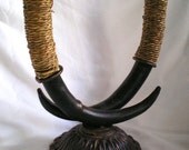 Vintage Metal Two Horns Candle Stick Holder Accented w/ Natural Twine Wrapped Cord, Rope, String, Centerpiece Decor, Home Decor, Candelabra