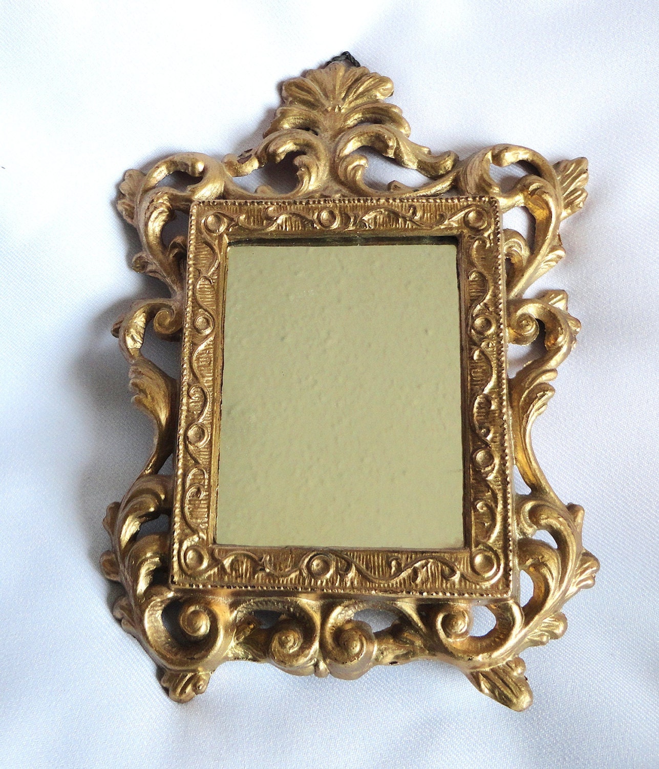 Vintage or Antique Ornate Cast Iron Small Wall Mirror, Bronzed or Gold Gilt-like Finish, Home Decor, Artwork Frame