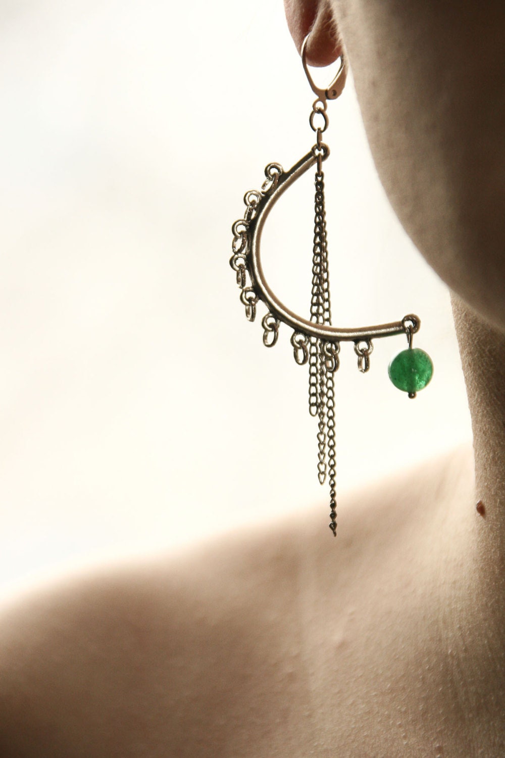 Geometric earrings, Green glass beads , half-moon earrings