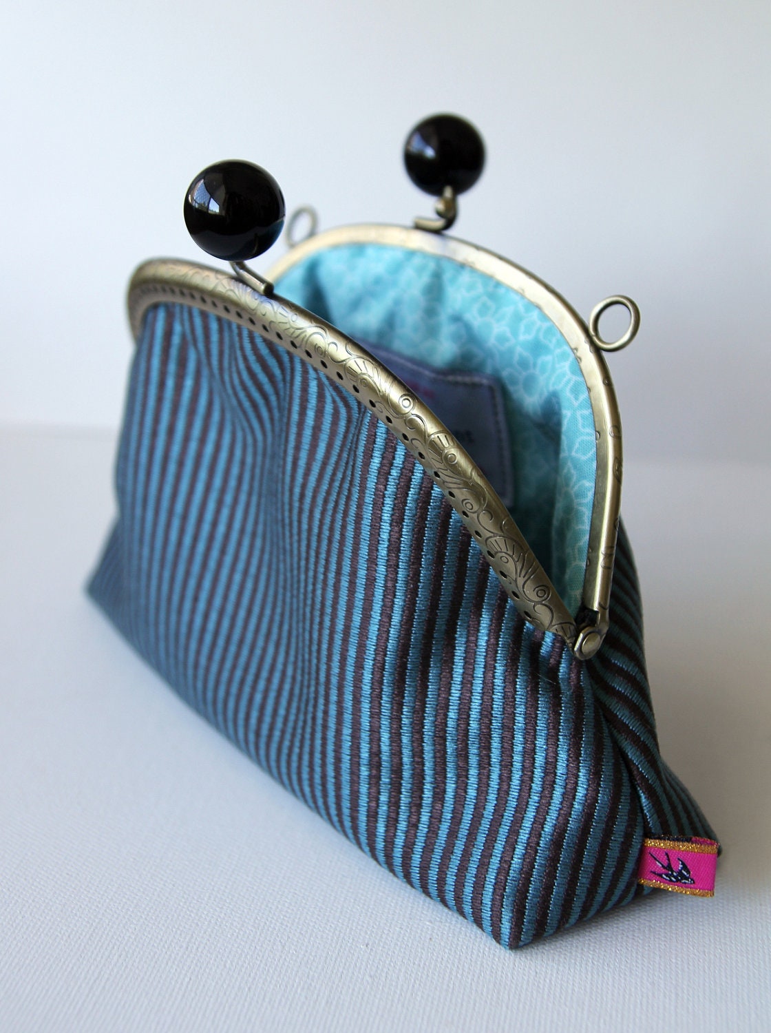 GRACIE Stripe Small Frame Bag, Teal and Black. Printed aqua lining.  Snap clasp and detachable strap.  Clutch.  Purse.