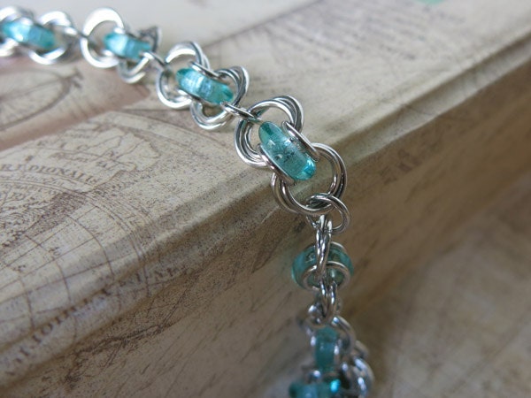 Seafoam Glass Chainmaille Bracelet - Seafoam Beaded Bracelet