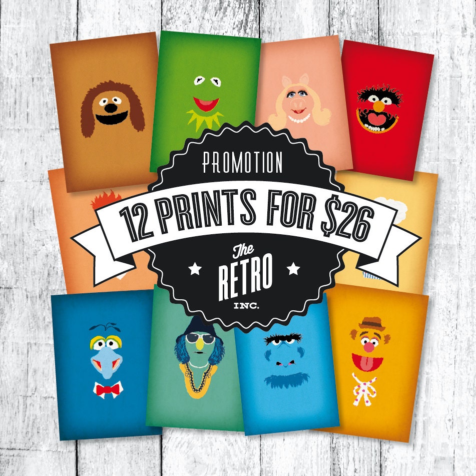 The Muppets Minimalist 12 Print Promotion Complete Collection of Vintage Retro Style TV Character Postcards, Home wall Nursery art