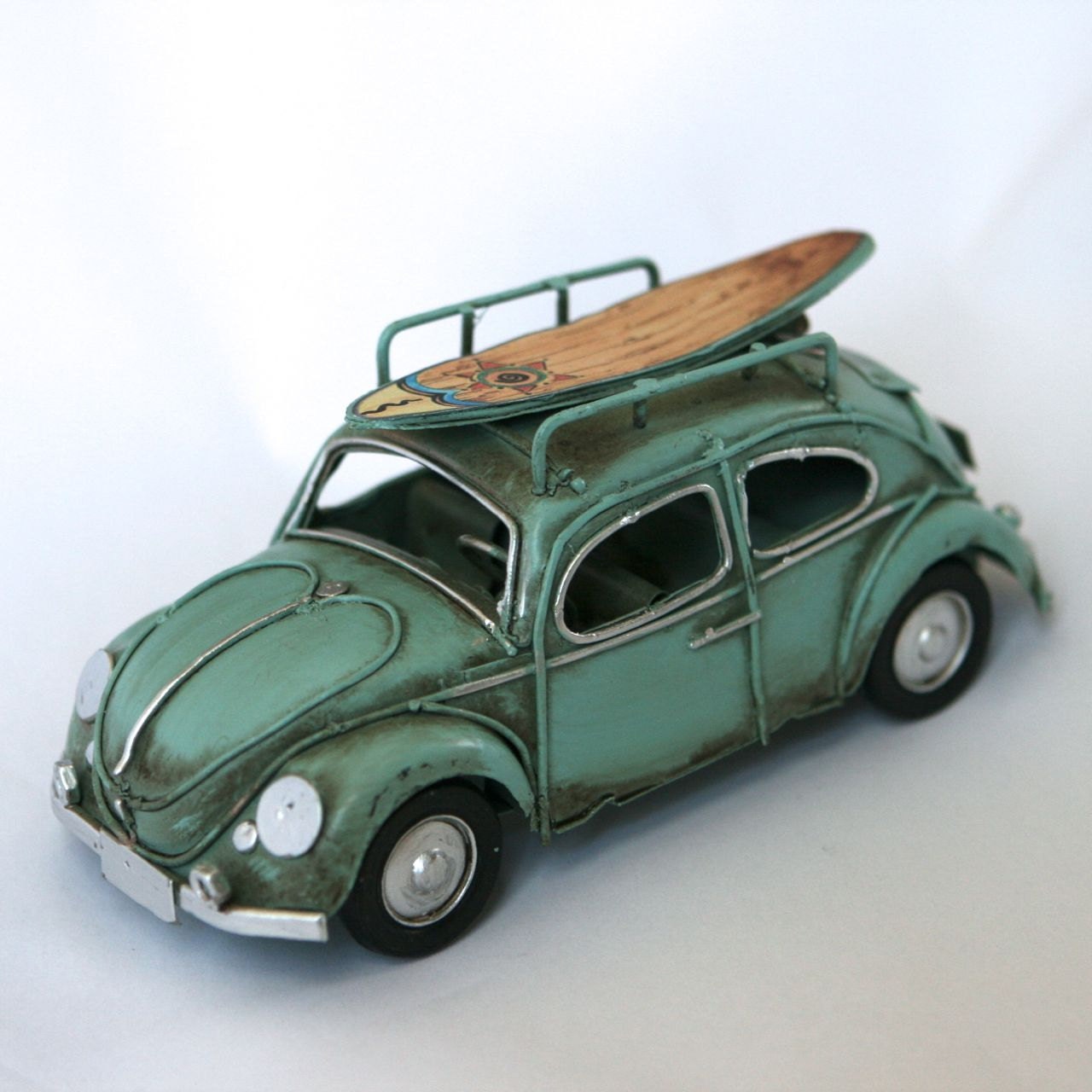 Surf's Up Decor - Aqua Blue Vintage VW Volkswagon Beetle, Bug with Surfboard. Custom colors available. - metalori
