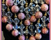 Pink Statement Necklace & Earring Set, Gold Crystal Big Bib, OOAK Vintage Charm Collar, Handmade in Italy, Victorian Chandelier Jewelry