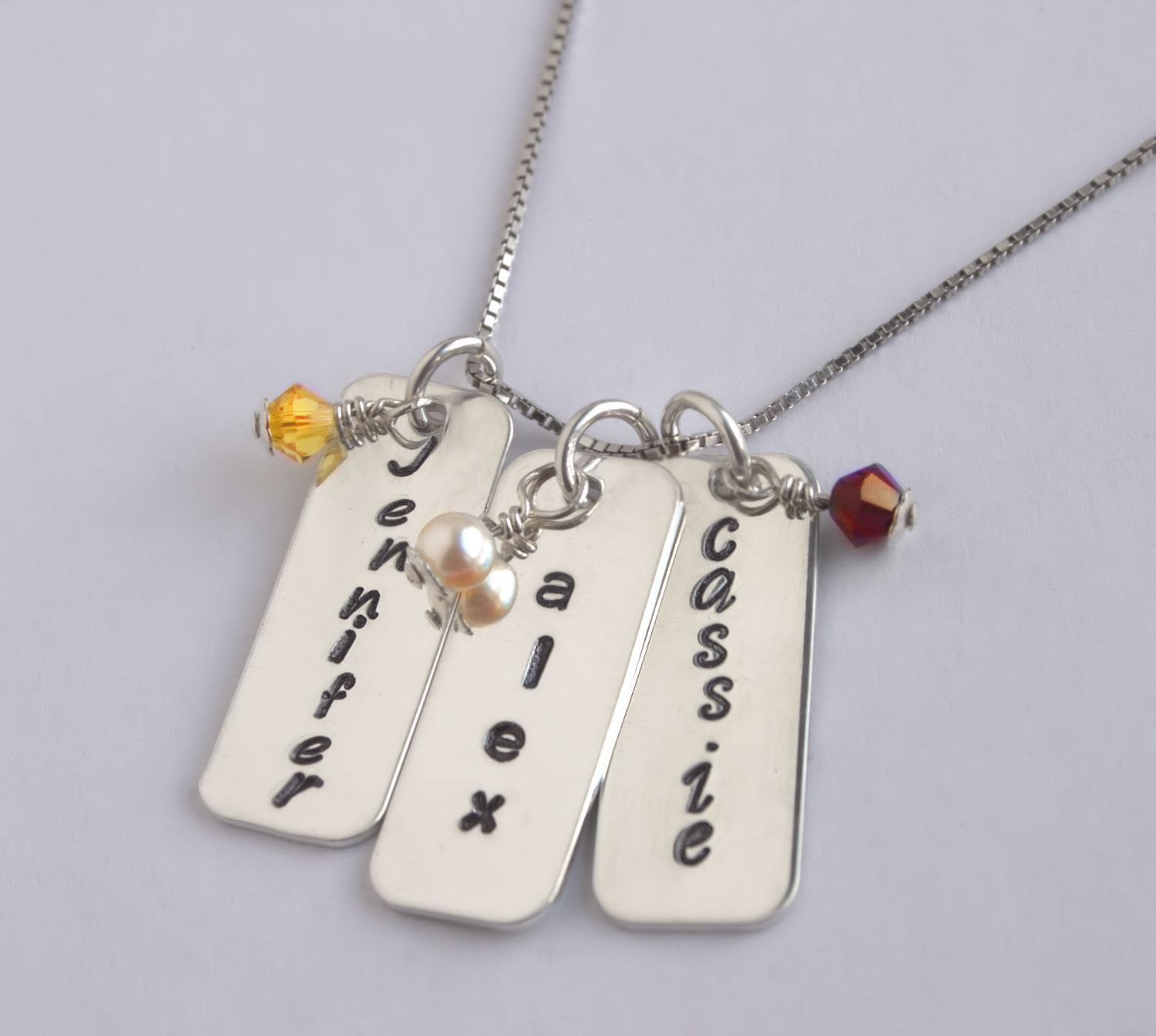 Hand Stamped Personalized Mother's Necklace 3 NAMES and Birthstones Sterling Silver Rounded Rectangles for Her