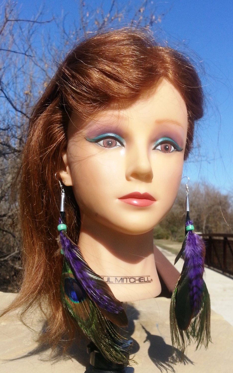 Jewelry, Earrings, Peacock Feather, Handmade Peacock Feather Earrings, Natural Feather Earrings, Purple & Green Feather Earrings Sku 006
