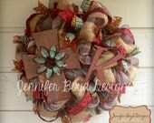 Rustic Red, Turquoise, Leopard Print and Burlap Initial Monogram Cross Deco Mesh Wreath, Customizable