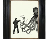 Steampunk Octopus vs Gentleman Kraken Tentacles gun revolver Victorian art print