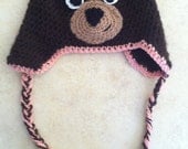 Crochet Handmade Baby Teddy Bear Earflap Hat, Newborn Beanie, Photography Prop, Brown, Can Be with Or Without "Girly" Look