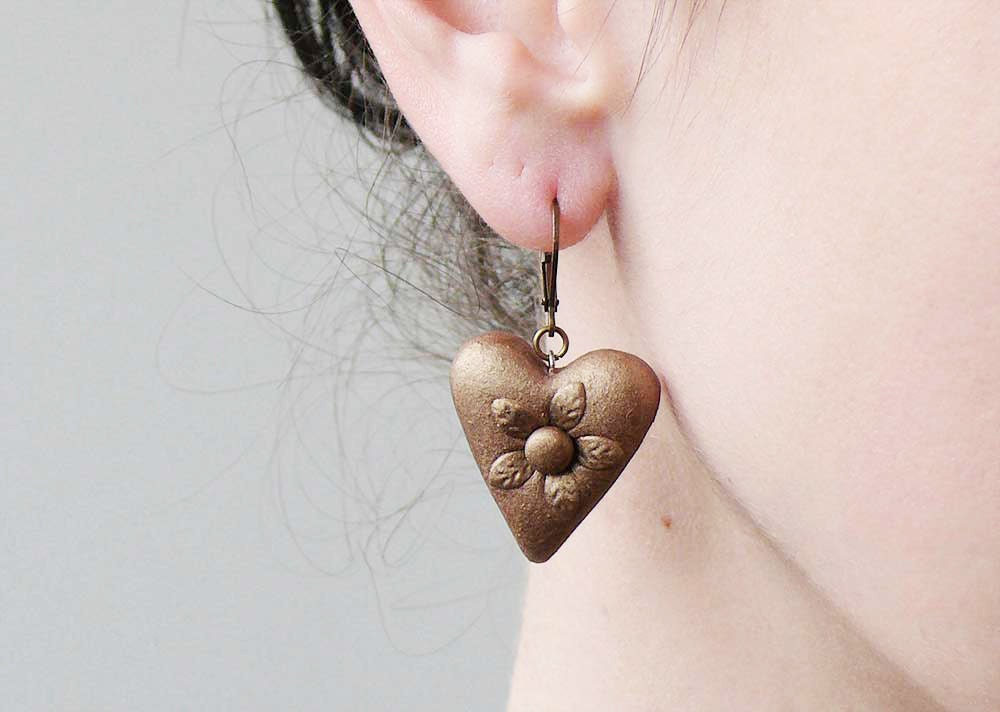 Polymer clay earrings, Metallic earrings, Brass flower, Golden earrings, Vintage earrings