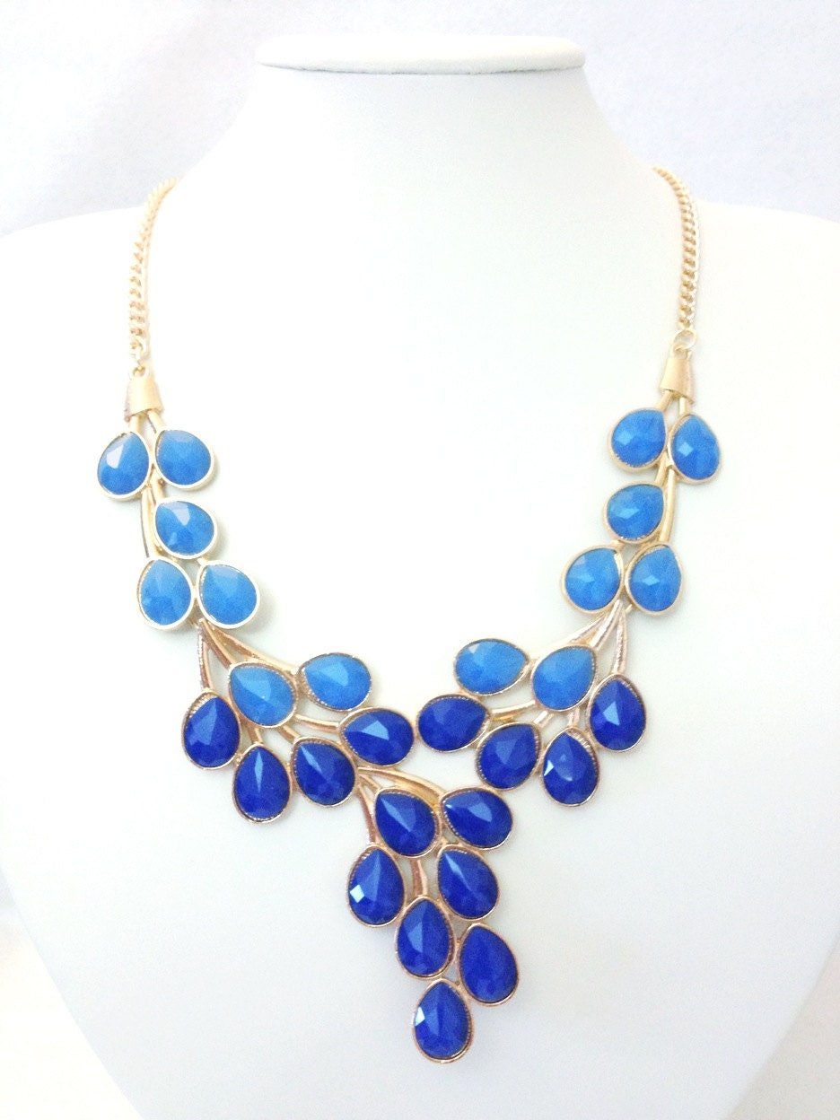 Cascading Blue Leaves bib Necklace, Statement Jewelry, blue Bubble Statement Necklace,Chunky Bubble Necklace