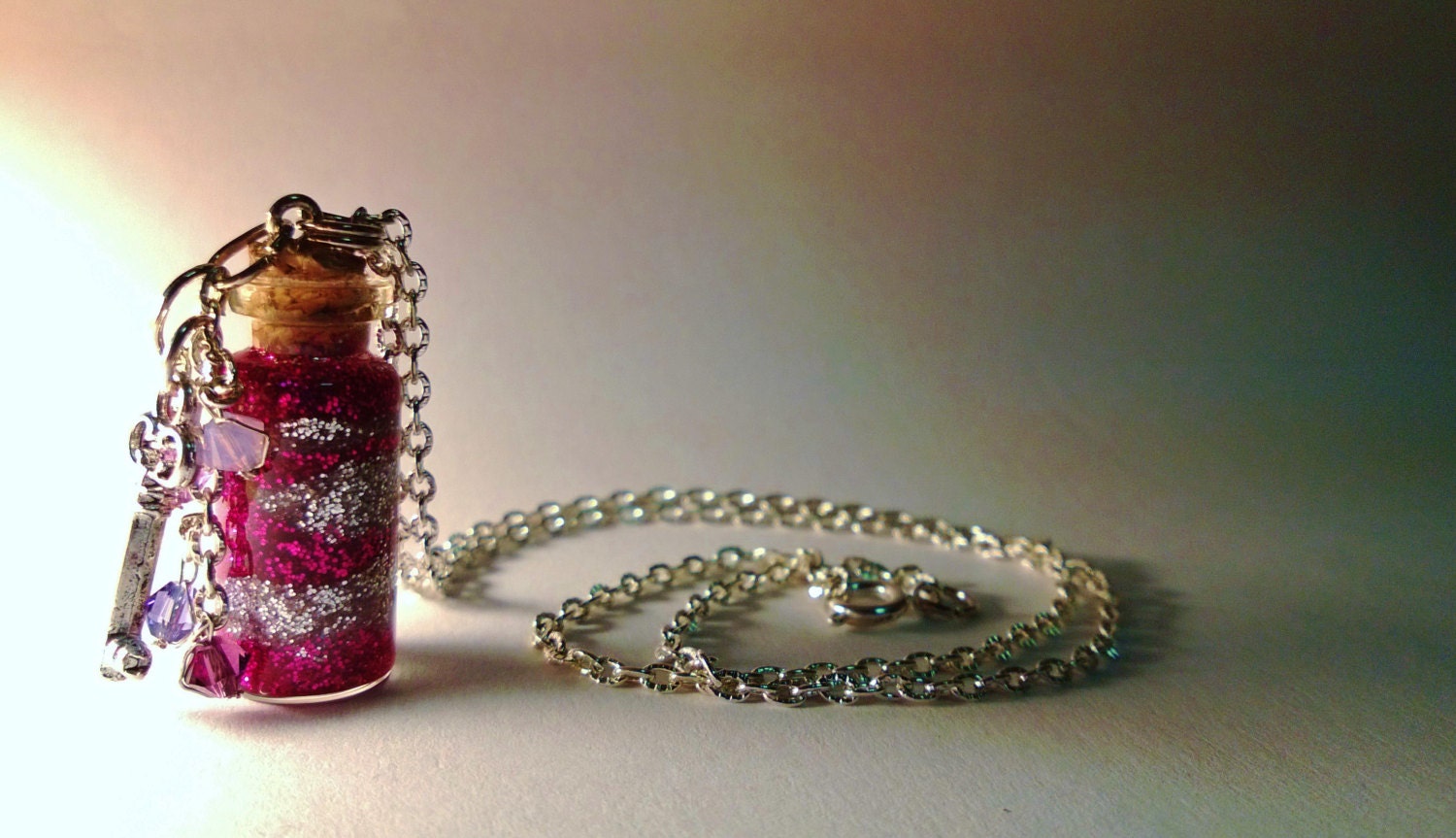 Cheshire Cat Vial Necklace - Disney Alice in Wonderland Inspired -  Striped Handmade Corked Glass Bottle - Purple Crystals and Key Charm