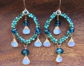 Turquoise Bead Dangle Chandelier Earrings 14k Gold Filled Wire Wrapped Blue Crystal Bead Moonstone Glass Briolette Earring