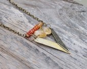 Antique Brass Chevron Pendant Citrine Crystal Nugget Bead Carnelian Gemstone Bar Necklace Orange Yellow Ombre Boho Statement Summer Necklace