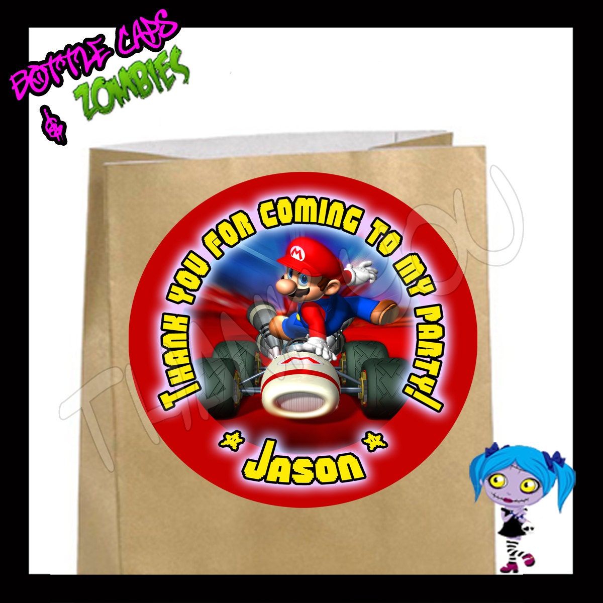 LARGE 3.33" Mario Kart Personalized Birthday Stickers, Treat Bag Stickers, Birthday Party Favors, Gift Tags, Gift Stickers
