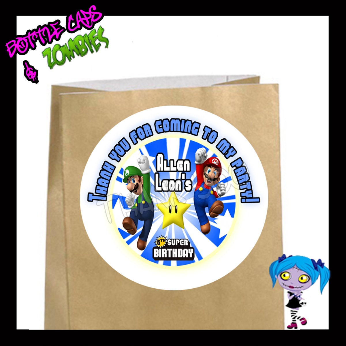 Super Mario Bros Personalized Birthday Stickers, Treat Bag Stickers, Birthday Party Favors, Gift Tags, Gift Stickers
