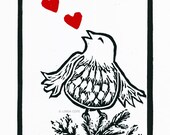 Love Song, Hand Pulled Lino Relief Greeting Card, Bird, Printmaking Original