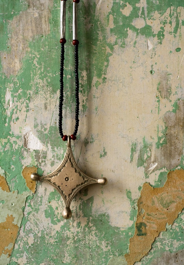 Vintage African Cross Necklace, Handmade Beaded African necklace, Pewter Cross, Tribal Ethnic Summer Fashion
