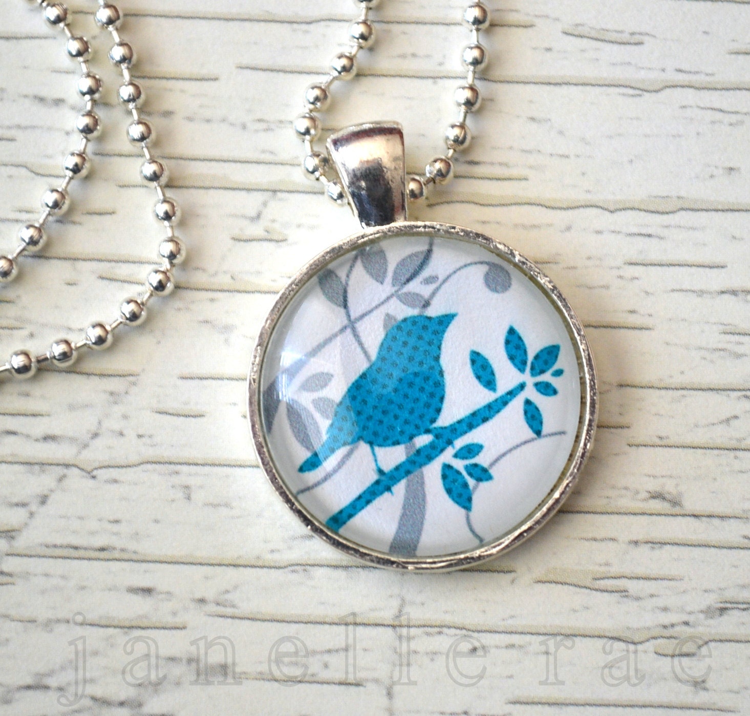 Glass Pendant Necklace - Blue Bird on Gray Branch 1 inch glass pendant 24" necklace