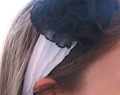 Shabby Chic Handmade Black Ruffled Flower Headband Hair Accessory, White Stretchy Headband w/ Black Ruffled Flower Accent