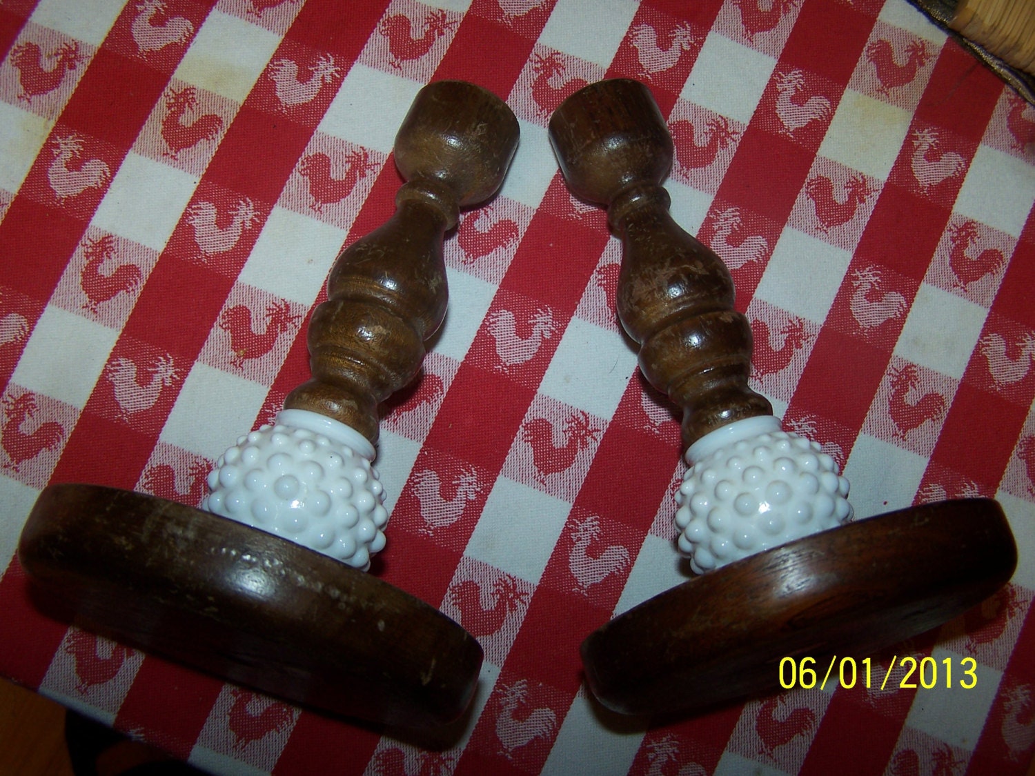 Wood and hobnail milk glass candle holders,home decor,candle holders,cottage chic decor