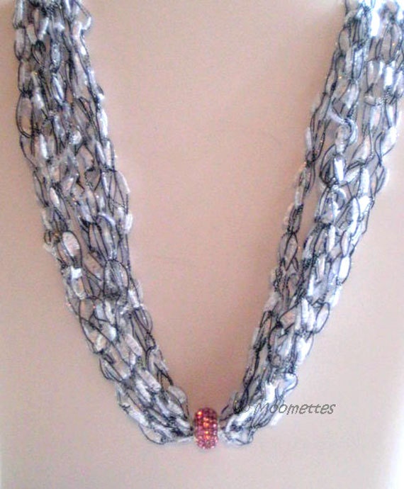 Crochet Beaded Necklace White Black Silver Choker Fancy Gift for Her Ladder Yarn Necklace Handmade Crocheted Jewelry MoomettesCrochet
