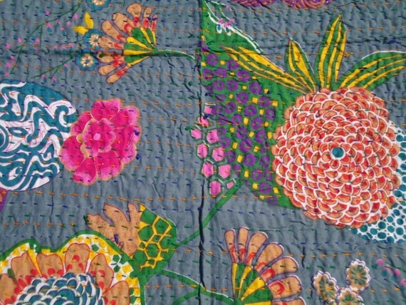 Sari Indian Kantha Quilt, Kantha Bed Covers, Hand Quilted Bed Covers ...