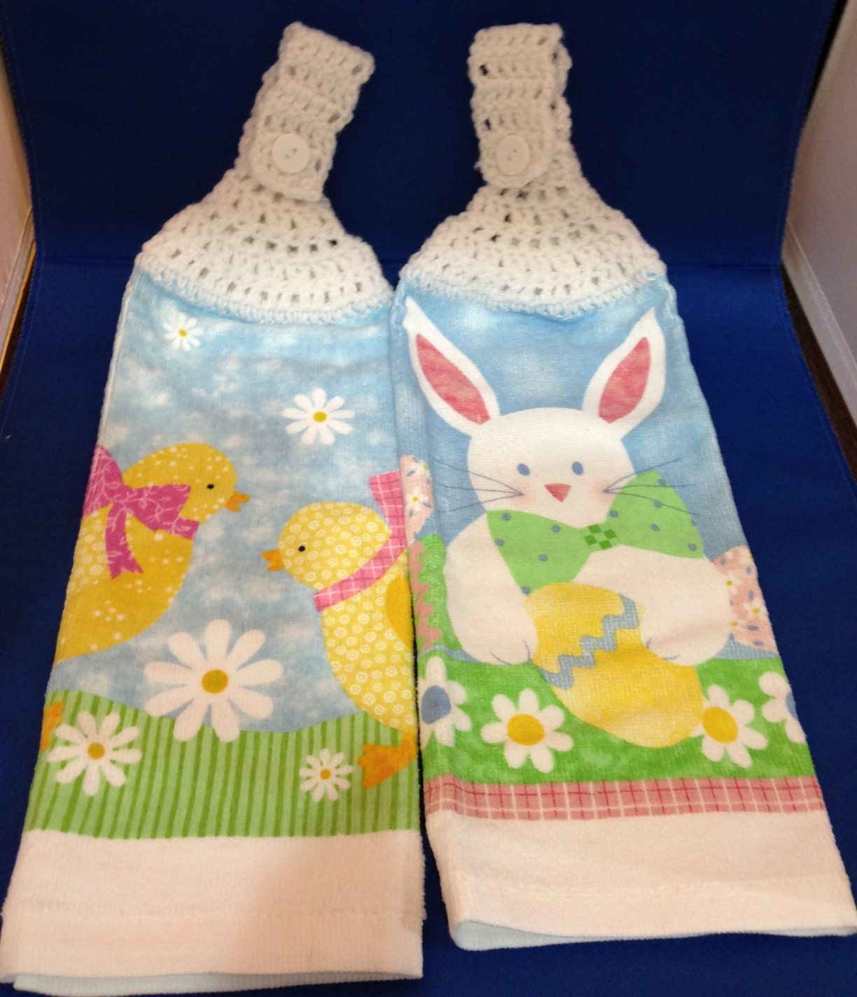 Sale - Set of 2 Hanging Hand Towels (Tea Towels) Easter / Spring Themed Towels with Crocheted Tops