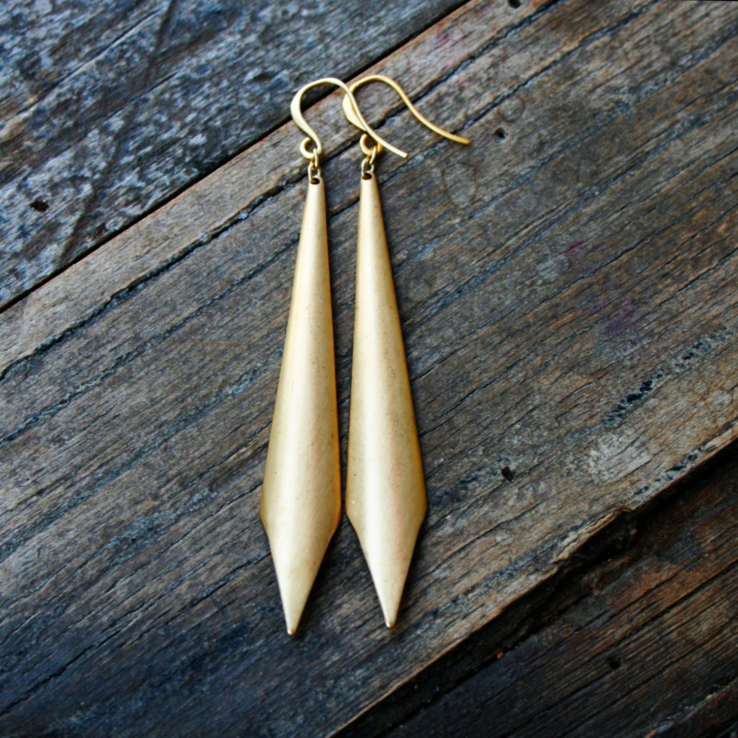 Long gold brass geometric triangle drop pendant dangle dagger earrings vintage