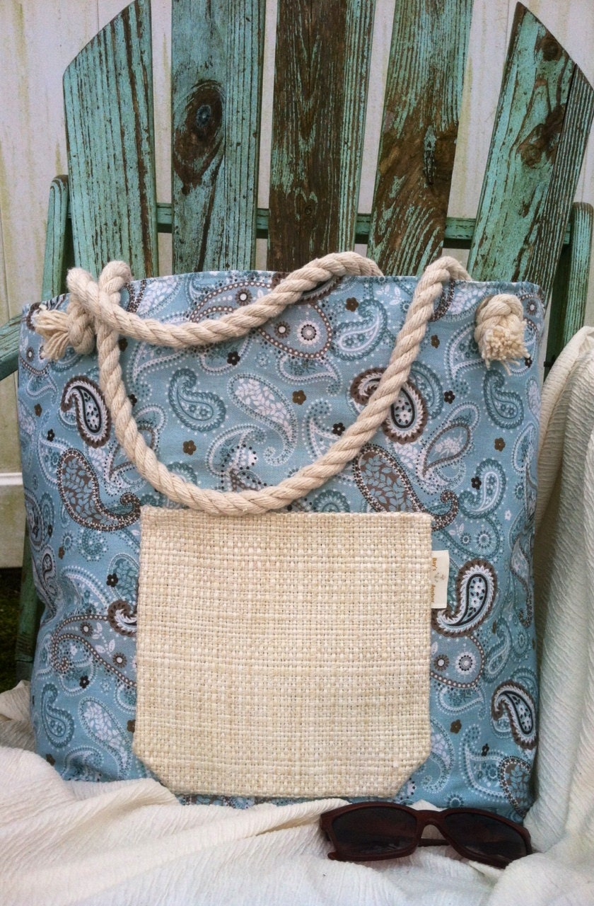 Paisley Beach Glass.  Large Summer Tote,  Blue/cream, Beach bag,  Handmade Tote, Rope Handles