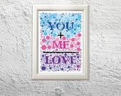 You and me poster, love poster home decor illustration wall art cafe poster manga cute kawaii pink purple blue digital poster art print A4