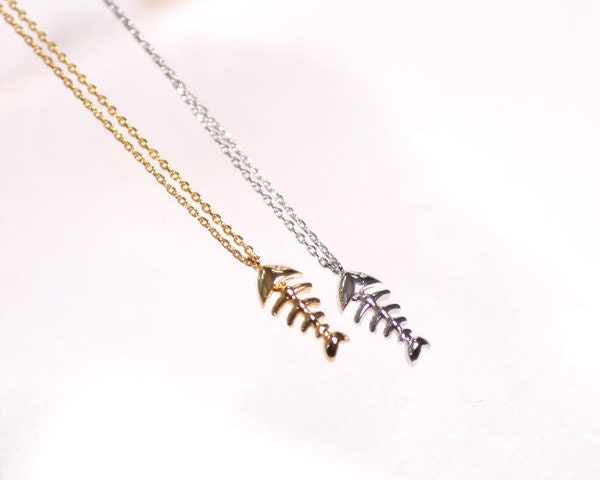 Cute and tiny Fishbone or Fish bone necklace. Choose your color. Gold or Silver