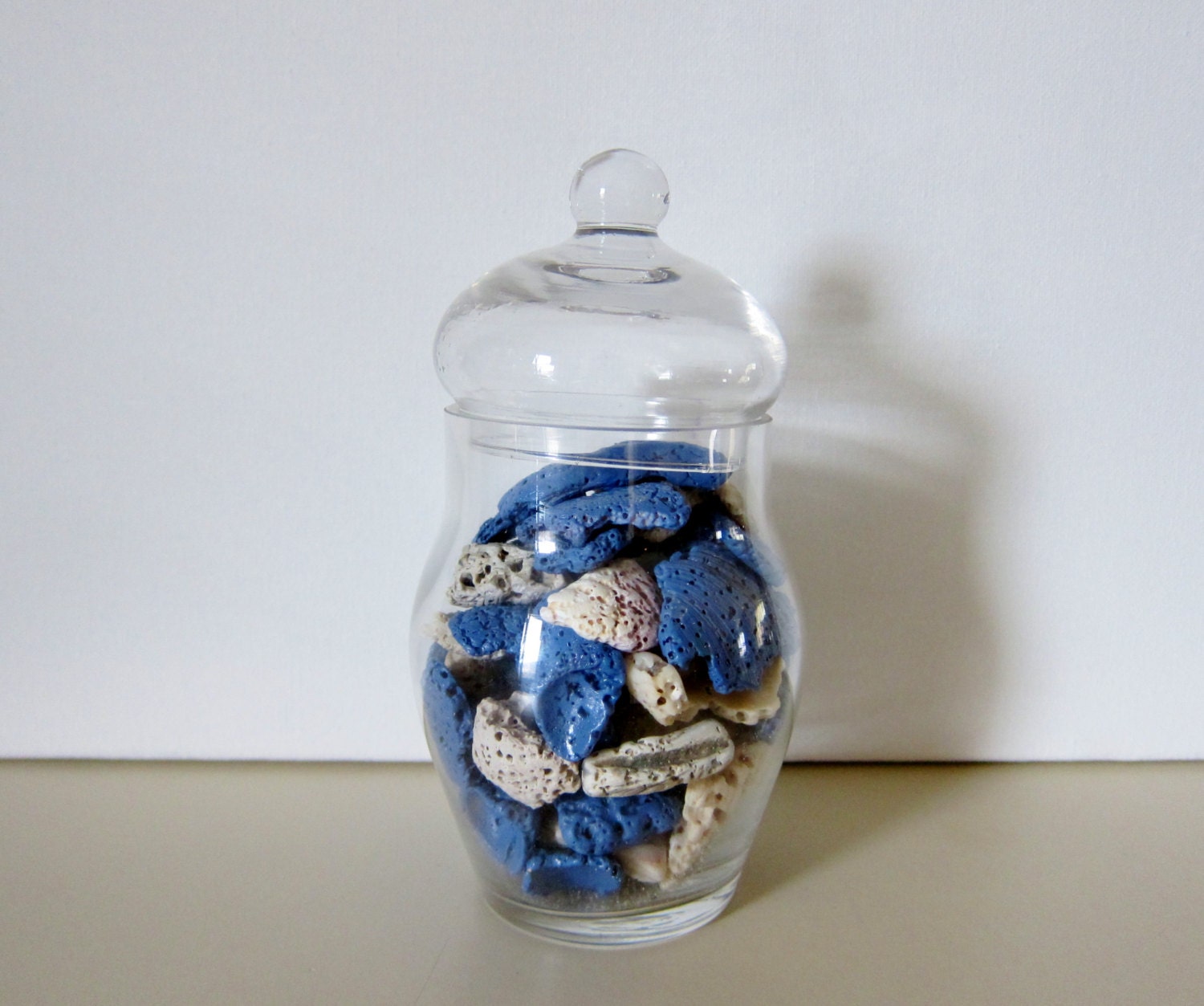 Beach Home Decor Vase Filled With Blue and White Coral - Coastal House Nautical Accents - Ocean Center Pieces Vase Fillers